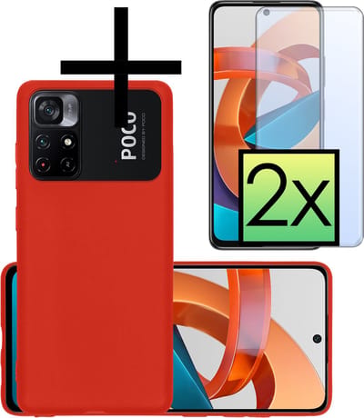 Hoesje - Met 2x Screenprotector - Geschikt voor Xiaomi Poco M4 Pro 5G - Sterk & Shockproof - Back Cover - Siliconen Case - Telefoon Hoes - Rood