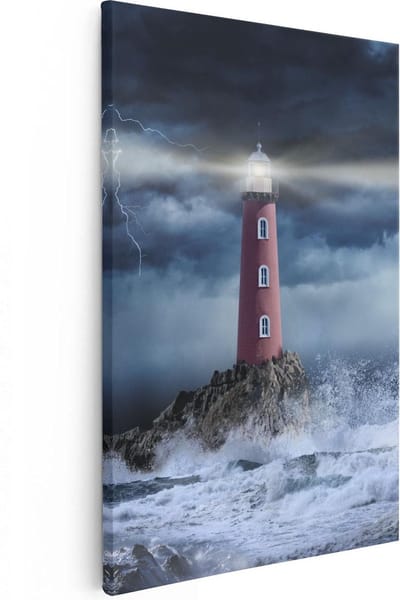 Artaza Canvas Schilderij Zee - 20x30 cm - Klein - Wanddecoratie Vuurtoren - Muurdecoratie Onweer - Schilderijen Op Canvas