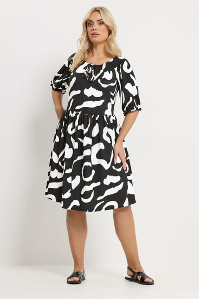 Yours Zwarte Abstracte Jurk Met Strik Aan De Voorkant Size 44