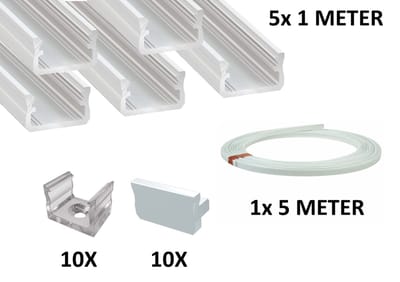 5 Meter Aluminium LED Strip Profiel Wit - 16x9,3mm - Incl. 5 Meter Afdekkap Frosted - Incl. Eindkapjes en Montagebeugels