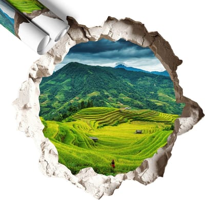 Wallfluent 3D Muursticker - Groene terrassen 3D Wandsticker Gat In De Muur - 60x57 cm - Groente 3D Sticker Gat In Stenen Muur - 3D Sticker Optische Illusie Gat - Zelfklevende Muursticker 3D Gat - Zelfklevende 3D Wandsticker Illusie