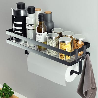 Unyqoos ® Kruidenrek Muurmontage met Keukenrolhouder en Haken voor Keukenorganisatie, 35 cm, Zwart
