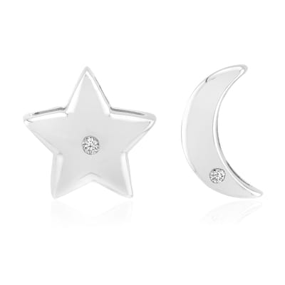 Cavill - Zilveren Oorbellen - 925 Sterling Zilver Gerhodineerd - 2x I1 (G) Diamanten 0,018 ct - Ster & Maan Design - Moderne Sieraden 10mm
