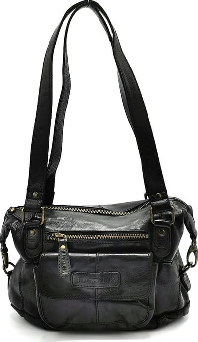 HillBurry Schoudertas met Lange Hengsels Gewassen Leer Zwart - 6240W-4059 - (bxhxd) 28cm x 19cm x 10cm