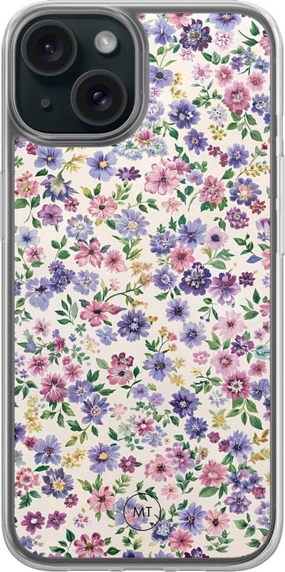Hybride hoesje geschikt voor iPhone 13 - Paarse bloemen - Extra bescherming - Luxe beschermhoes - TPU case - Transparant, Paars - Mooie Telefoonhoesjes
