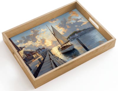 Dienblad hout 40x30 cm - Schootdienblad - Zeilboot - Zon - Pier - Hout - Borrelplank rechthoek - Plateau dienbladen