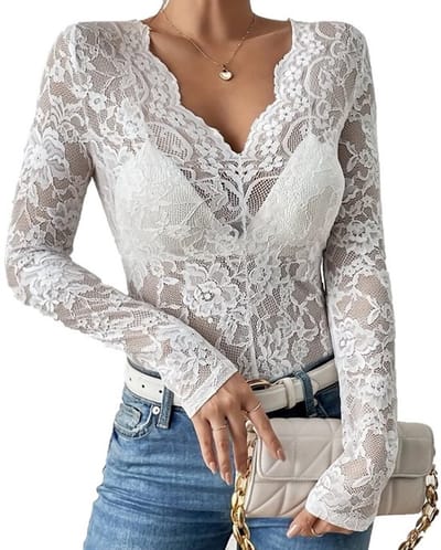 Kanten Shirt V-hals - Lange Mouwen - Bloemenpatroon - Slim Fit - Casual Blouse - Geschikt voor Diverse Gelegenheden - Damesblouse