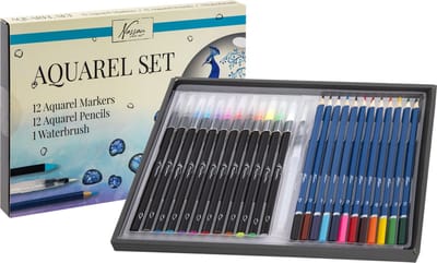 Nassau Fine Art Aquarelset Startersset | 12 Aquarelmarkers | 12 Aquarelpotloden & 1 Waterbrush | Aquarelleren voor kinderen en volwassenen