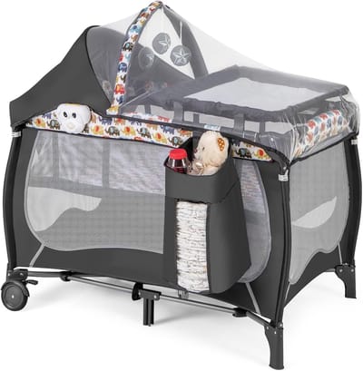 4-in-1 Draagbaar Babybed met Commode, Wieg en Luifel