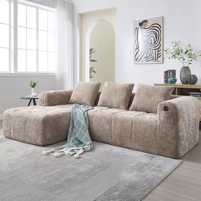 KOMHTOM Moderne hoekbank, L-bank, 3-zitsbank, geen installatie nodig, chenille bank met chaise longue en armleuningen, 3 kussens, zijvak voor afstandsbediening, kaki