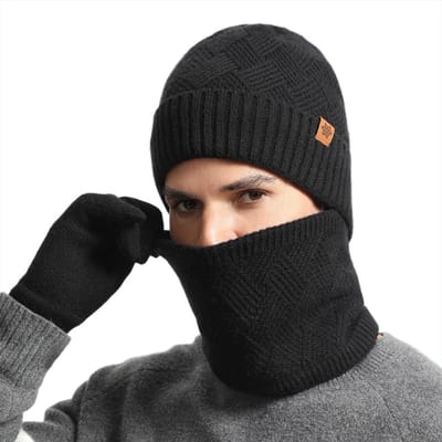 Mannen Winter Set 3-delig - MutSjaal Handschoenen - Alpaca Wol Mix - Zwart - Gevoerd Warm - Winddicht - Elastisch Ademend - Uniseks Design - Dagelijks Gebruik