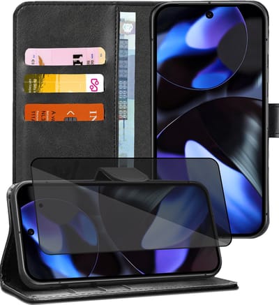 Hoesje geschikt voor Google Pixel 9 / 9 Pro / 10 / 10 Pro - Privacy Screenprotector Volledig Dekkend Glas - Portemonnee Book Case Zwart
