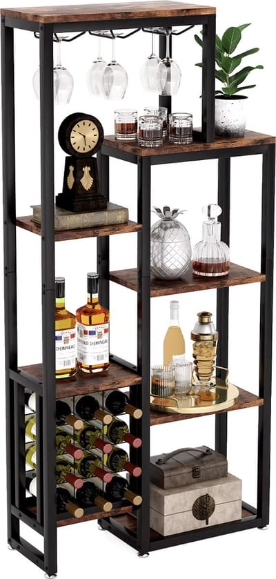 Wijnkast - Wijnrek - Drankkast - Kast - Wijnglashouders - Flessenhouders - Industrieel - Hout en metaal - Bruin/Zwart - 175x80x30cm