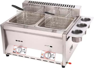 Gas Friteuse - Dubbele Cilinder - Professioneel Frituren - Verstelbare Vuurkracht - 45x56x35 cm - Zilver