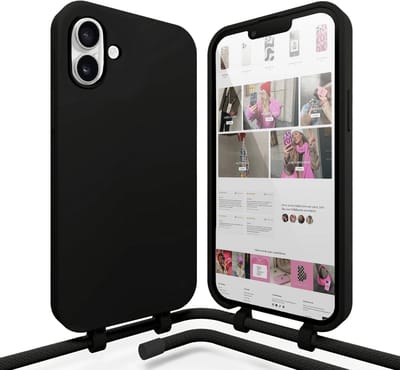 xoxo Wildhearts silicone case met koord - Telefoonhoesje met koord geschikt voor iPhone 16 - Forever Black Cord Case - Backcover hoesje met telefoonkoord - Case met telefoonketting - Zwart