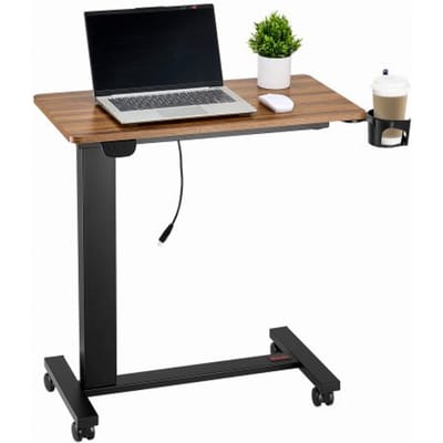 VEVOR Overbedtafel Mobiel nachtkastje met 4 wielen, elektrisch heffend met upgradeknop, rollend laptopbureau met bekerhouder, in hoogte verstelbaar overbedbureau