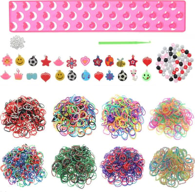 Behave Loombandjes Starterspakket met 2000 Loom Elastiekjes + 24 Hangertjes + 60 kraaltjes + Loom Haaknaald + Fuchsia Loombord + S-clips