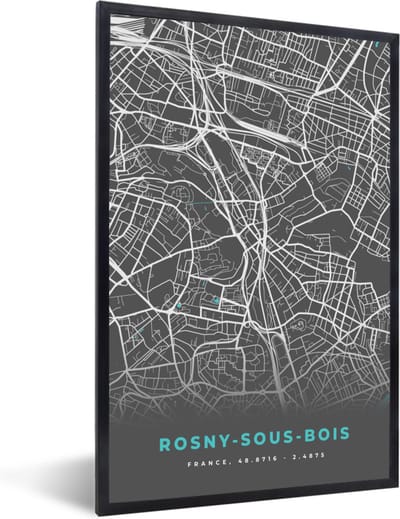 Fotolijst incl. Poster - Rosny-sous-Bois - Plattegrond - Kaart - Stadskaart - Frankrijk - 40x60 cm - Posterlijst