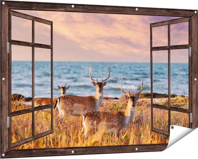 Gards Tuinposter Doorkijk Drie Herten aan de Zee tijdens Zonsondergang - 150x100 cm - Tuindoek - Tuindecoratie - Wanddecoratie buiten - Tuinschilderij