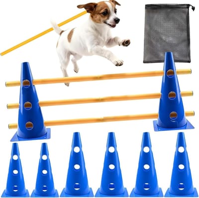 Honden Behendigheidscursus - Hondentraining Set - Interactief Spelen - Verstelbare Horden - Compacte Set - Blauw Geel