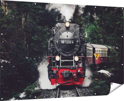 Gards Tuinposter Locomotief in de Bossen met Stoom Wolken - 180x120 cm - Tuindoek - Tuindecoratie - Wanddecoratie buiten - Tuinschilderij