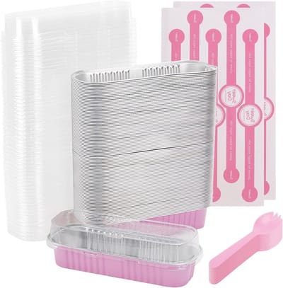 100 Mini Broodpannen met Deksel en Lepels, 200ml Aluminium Bakvormen voor Feestjes, Picknicks en Verjaardagen (Roze-Zilver)