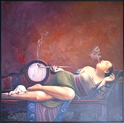 Fine Asianliving Olieverf Schilderij 100% Handgeschilderd Zwarte Omlijsting 100x100cm Chinese Vrouw met Sigaar Groen