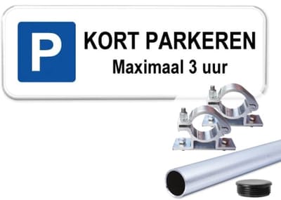 Parkeerbord Kort Parkeren 3 uur - Weerbestendig Aluminium - 40x15 cm - Bevestiging: Met paal 120 cm + paalbeugels + paaldop
