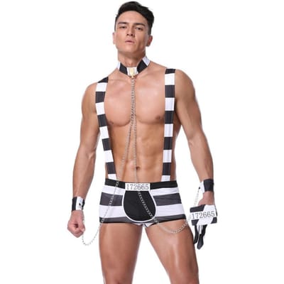 Cosplay Gevangenisuniform voor Volwassen Mannen Mannen Rolspel Lingerie Gestreepte Gevangenis Outfits Rave Bar Podium Optreden Kleding One Size beige