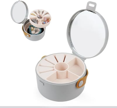 Reisjuwelendoosje Rond met Spiegel, Draagbare Organiser voor Ringen, Oorbellen en Kettingen - Compact en Handig voor Reizen