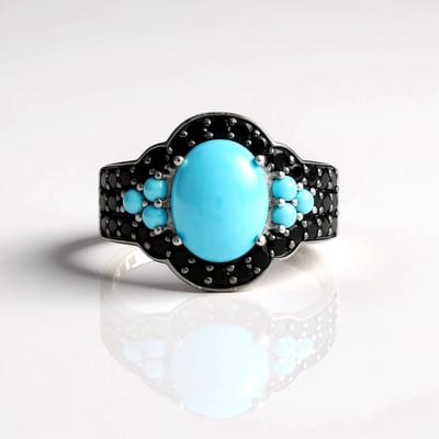 Cavill - 925 Sterling Zilver Ring - Platina Verguld - 2,7 ct Sleeping Beauty Turkoois & 1,13 ct Zwarte Spinel - Ovale Cabochon - Elegante Dames Ring