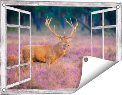 Gards Tuinposter Doorkijk Hert in de Weide tijdens Zonsondergang - 60x40 cm - Tuindoek - Tuindecoratie - Wanddecoratie buiten - Tuinschilderij