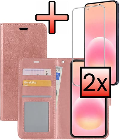 Hoesje - Met 2x Screenprotector - Geschikt voor Samsung Galaxy A57 - Luxe Pasjeshouder - Bookcase Portemonee - Flip Case - Kunstleer Book Case - Flipcase Hoes - Book Cover - Walletcase - Portemonneehoes - Rosé goud