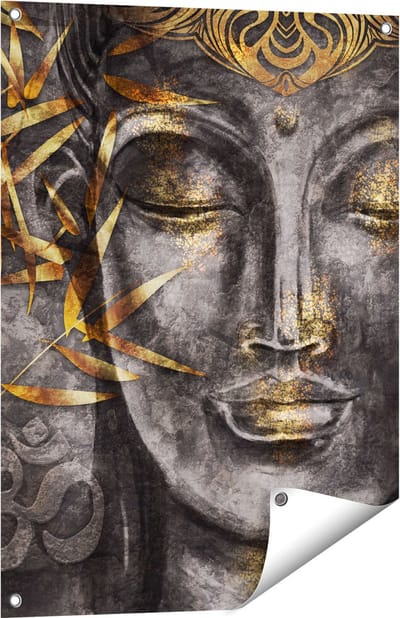 Gards Tuinposter Gouden Boeddha van Aquarel - Abstract - 60x80 cm - Tuindoek - Tuindecoratie - Wanddecoratie buiten - Tuinschilderij