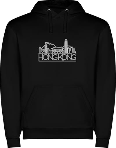 Zwarte unisex hoodie met “ Skyline Hong Kong – Vakantiegevoel – Strak – Modern “ Print Full Color Color merk Roly maat S