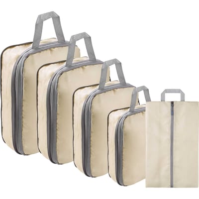 5/8-delige set compressiepakblokken, uitbreidbare, waterdichte organizer tassen voor reiskoffers, kleding en bagage, inclusief schoenentas. beige