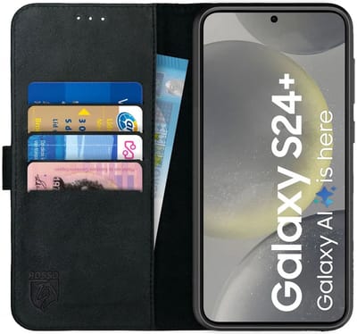 Rosso Deluxe Echt Leer Book Case Hoesje Geschikt voor Samsung Galaxy S24 Plus | Ruimte voor drie pasjes | Portemonnee Book Case | Met Pasjeshouder | Zwart