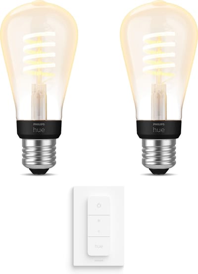Philips Hue Uitbreidingspakket - E27 - met 2 Filament Edisonlampen Klein (ST64) - Warm tot Koelwit Licht - Incl. 1 Hue Dimmer Switch - Hue White Ambiance Filament