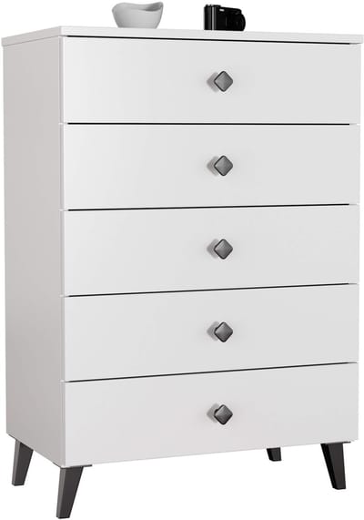 Nachtkastje MOBI met 5 Lades / AKORD Furniture Factory / Wit met Zwarte Handgrepen / 60 x 89 x 37 cm