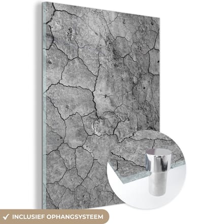 Glasschilderij zwart wit - Steen - Klei - Grijs - Structuren - 120x160 cm - Muurdecoratie - Kamer decoratie