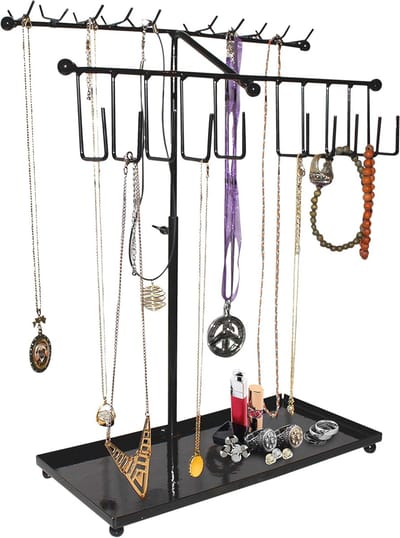 Zwarte Metalen 2 Laags Sieraden Houder - Aanpasbare Tafeltop Opslag Toren met 30 Haken voor Kettingen en Armbanden