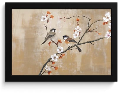 Poster in lijst - Fotolijst 30x20 cm - Posters - Vogels - Bloesemtak - Bloemen - Oranje - Posterlijst zwart - Decoratie - Wanddecoratie woonkamer - Muurdecoratie slaapkamer