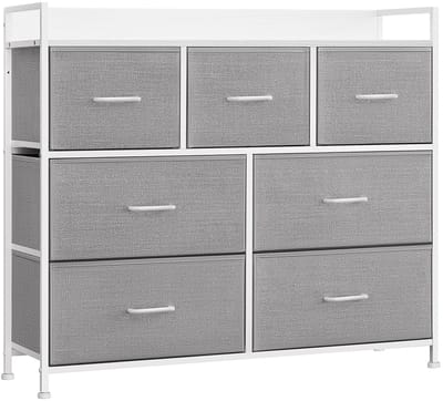 Stijlvolle Ladeskast - Opbergkast met 7 Stoffen Lades - Kast met Metalen Frame - Grijs/Wit