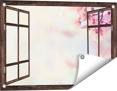 Gards Tuinposter Doorkijk Roze Bloesemboom met Zonneschijn - 60x40 cm - Tuindoek - Tuindecoratie - Wanddecoratie buiten - Tuinschilderij