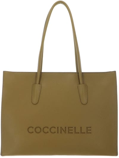 COCCINELLE Leren shopper schoudertas met laptopvak Myrtha26 Handbag Grained Leather Seagrass kaki