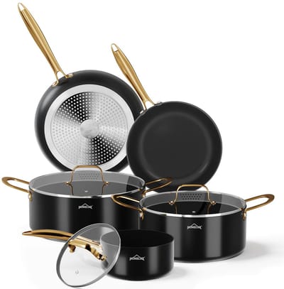 Homelux 8-Delige Pannenset Inductie - Koekenpannen 24 & 28 cm - Kookpannen met Glazen Deksels - Aluminium Antiaanbak Pannenset - Geschikt voor Inductie - Gas & Elektrisch - Zwart/Goud - Vaatwasserbestendig - Luxe Kookset