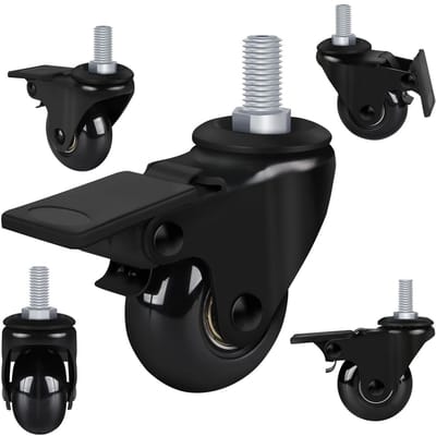 Set van 5 Zwenkwielen voor Bureaustoel met Rem - 5,1 cm Rubberen Wielen met Schroefdraadstang (3/8-16)