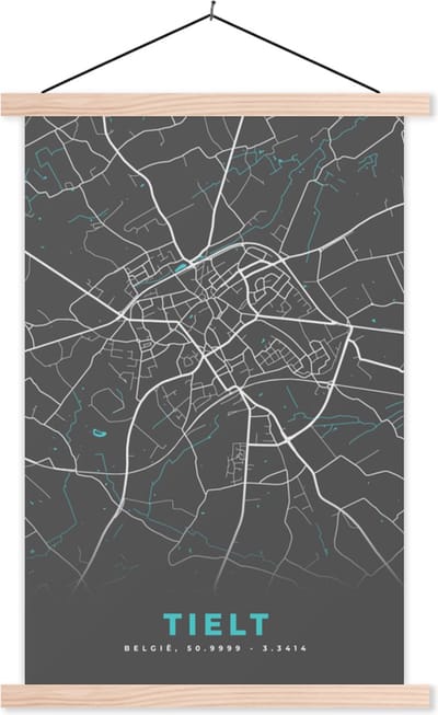 Posterhanger incl. Poster 40x60 cm - Schoolplaat - België – Tielt – Stadskaart – Kaart – Blauw – Plattegrond - Textielposter - Blanke latten - Stadskaart
