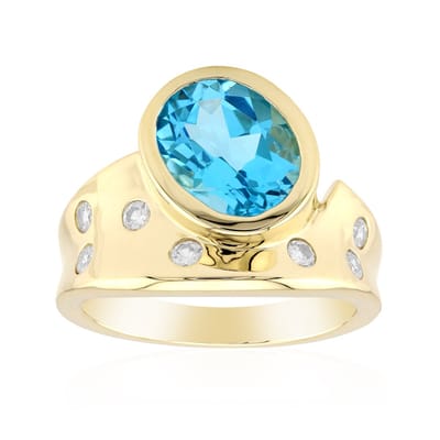 Cavill - Gouden Ring 375 Geelgoud - Braziliaanse Marambaia Topaas 2,618 ct - Ovaal - Met 7 Tanzanische Zirkonia's 0,306 ct - Exclusieve Brede Ring