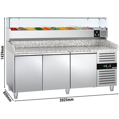 GGM Gastro Pizzakühltisch ECO - 2000x800mm - mit 3 Türen - inkl. Kühlaufsatzvitrine - 10x GN 1/4 Zilver